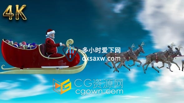 下雪平安夜逼真圣诞老人和奔跑的驯鹿三维场景动画带通道循环视频素材