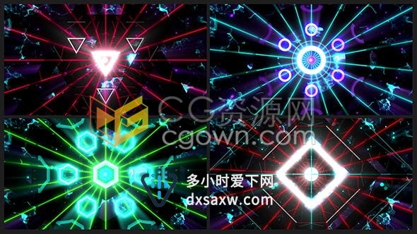 4种效果霓虹灯几何图形闪光灯激光动画VJ循环背景视频素材包下载
