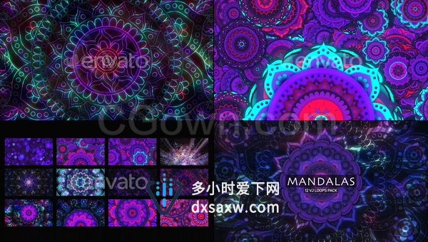 12种曼陀罗万花筒分形变换LED大屏幕VJ循环视频素材下载