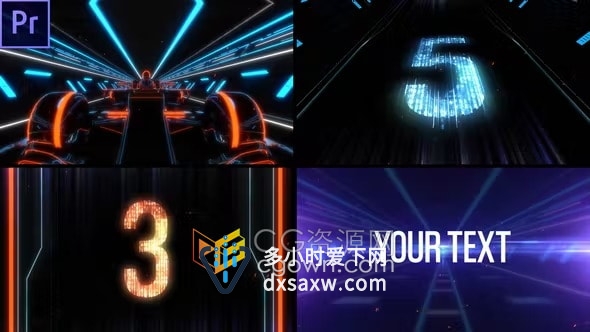 F1赛车倒计时霓虹灯数字倒数10秒动画片头视频PR模板