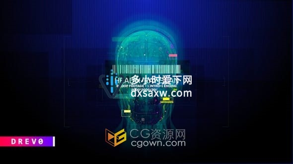 视频素材-头部X光扫描MRI磁共振成像医疗健康HUD大脑颅骨x射线全息镜头