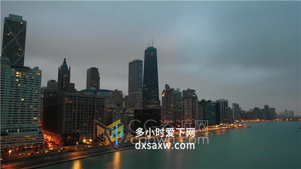 黄昏时光倒流城市高楼大厦湖边交通车辆灯光流动航拍实拍视频下载
