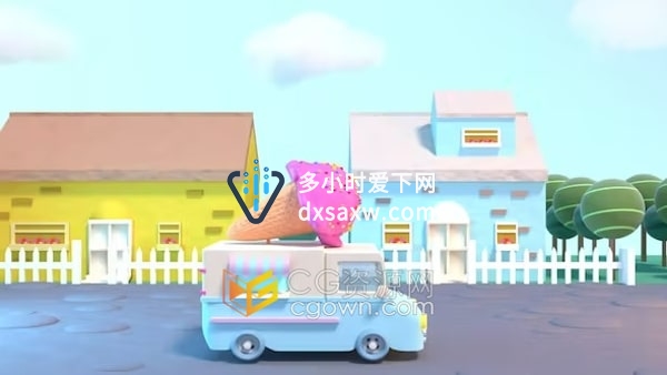 冰淇淋卡车行驶循环3d动画卡通房子栅栏树木草地云彩蓝天视频素材