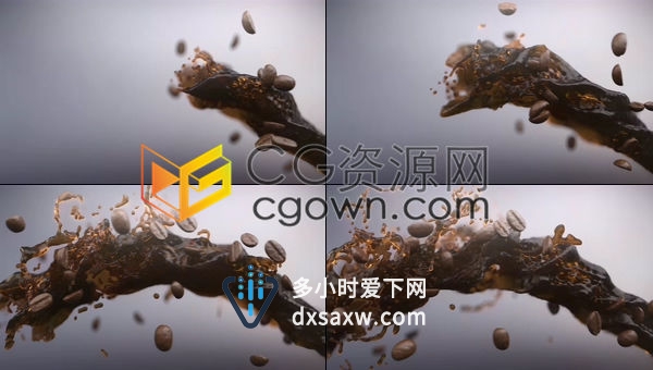 视频素材-咖啡饮料慢动作流动伴随着咖啡豆在空气中螺旋状飞溅展示