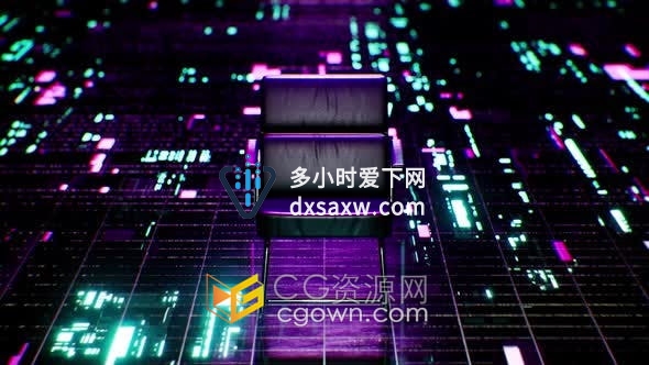 视频素材-霓虹灯照明黑色椅子在网络空间地板上技术广角视图4k循环背景