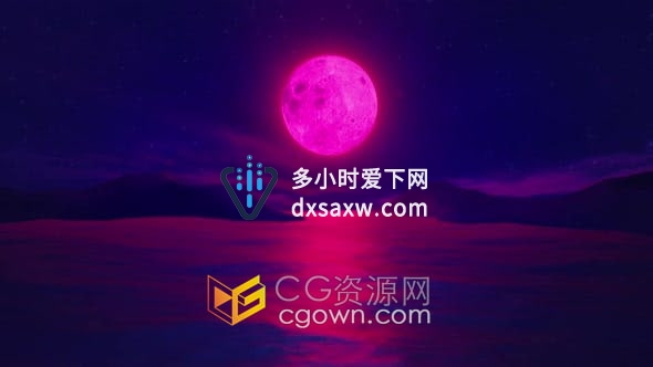 视频素材-复古风潮霓虹满月映照在水面的景观