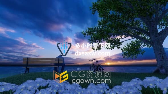 孤独的人坐在长椅上沧海太阳日落花卉风景CG动画视频素材