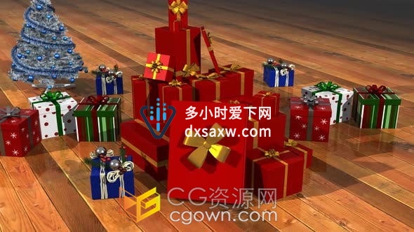 视频素材-三维多个彩色礼品盒堆砌的场景礼盒打开揭示祝福标语LOGO动画