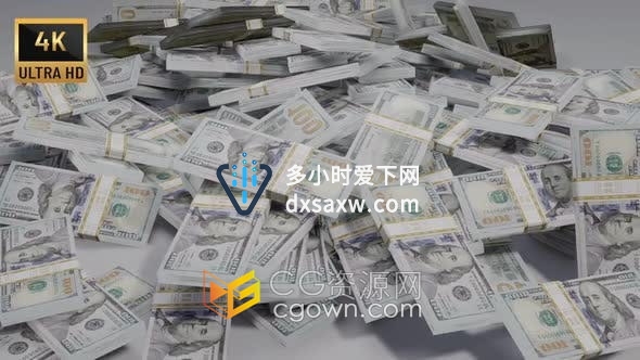 视频素材-4K一扎扎美元钞票掉落成金钱堆动画