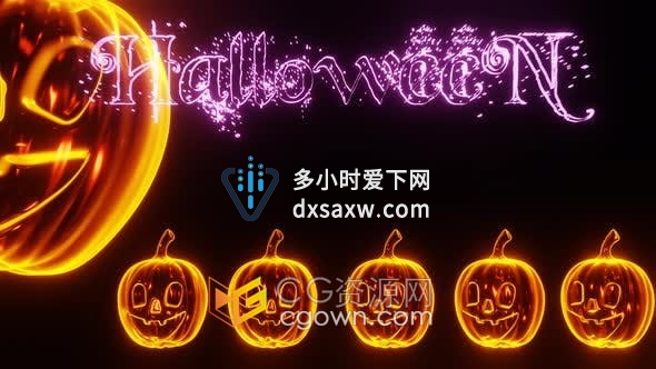 视频素材- 发光halloween万圣节文字南瓜元素出现与消失动画