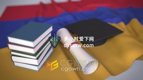 视频素材-亚美尼亚国旗上的毕业帽书书籍证书适用学术研究和高等教育主题