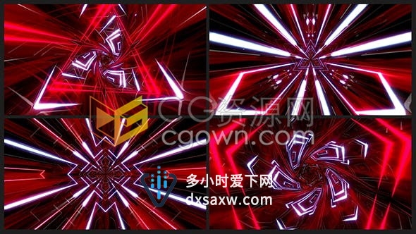 4组红色隧道VJ素材闪烁发光LED霓虹灯闪光灯图形动画背景视频下载