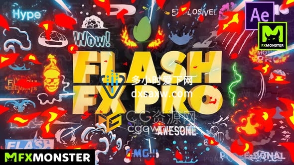 Flash FX Pro大量2D卡通火焰能量MG动画LOGO标题转场元素-视频素材+AE模板