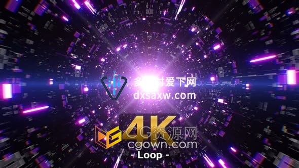 VJ素材-紫色科技隧道循环4K发光耀斑视觉艺术背景视频