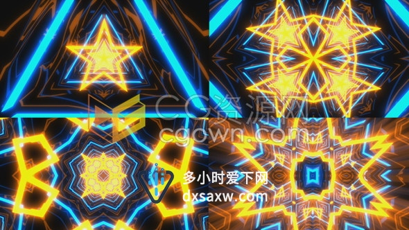 五角星图形霓虹灯时空隧道VJ循环背景视频素材8组效果资源包下载
