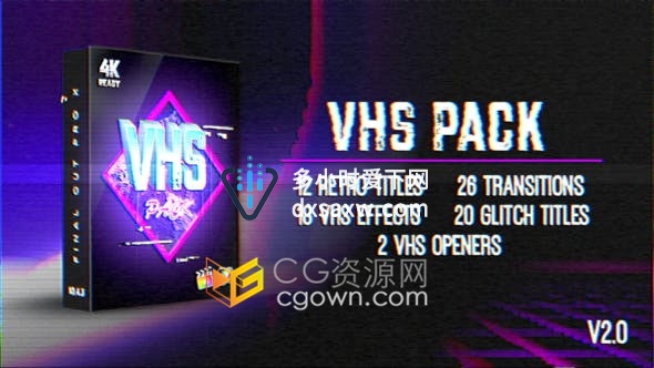 VHS效果FCPX插件包括18种特效20种文字标题12种LOGO片头动画6种转场预设