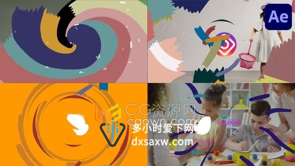 彩色卡通画笔绘画MG图形儿童活动节目视频片头AE模板