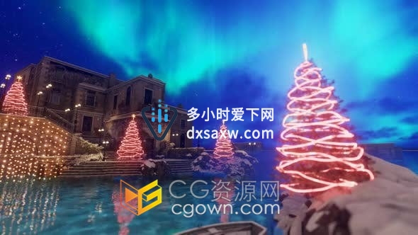 视频素材-极光动画效果圣诞夜灯光点亮童话般美丽城堡建筑
