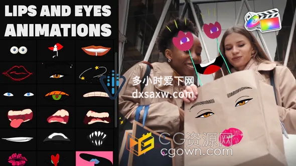 30组嘴唇和眼睛面具贴纸卡通涂鸦风格手绘动画FCPX插件