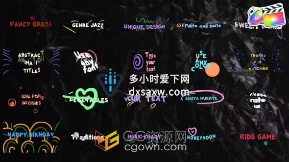 20种彩色卡通文字标题动画FCPX视频字幕插件