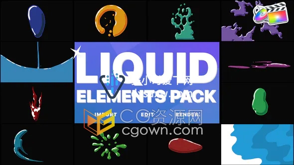 Liquid Elements FCPX插件12组卡通液体飞溅元素2种转场