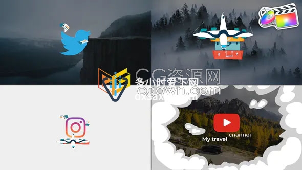 Travel Logo FCPX插件2组卡通MG动画图形视频片头制作