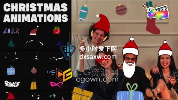 FCPX插件-30组手绘动画圣诞元素面具贴纸抖音添加表情动画效果