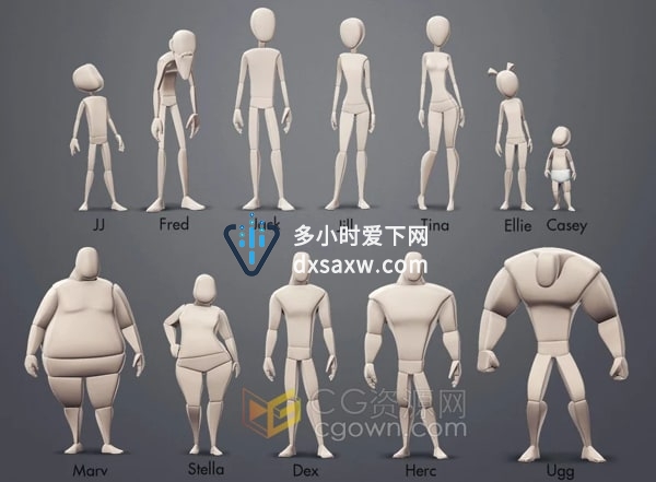 Body Mechanics Rigs v1.1 Maya模型12种不同体型绑定人物角色动画技能