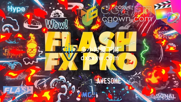 Flash FX Pro FCPX插件374个二维卡通动漫火焰能量LOGO标题转场MG动画元素包