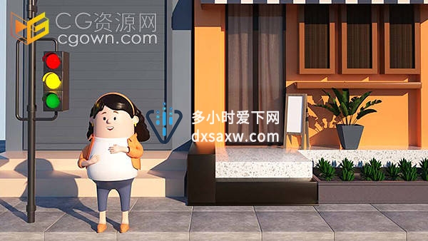 C4D卡通风格女士街边路口红绿灯场景角色形象