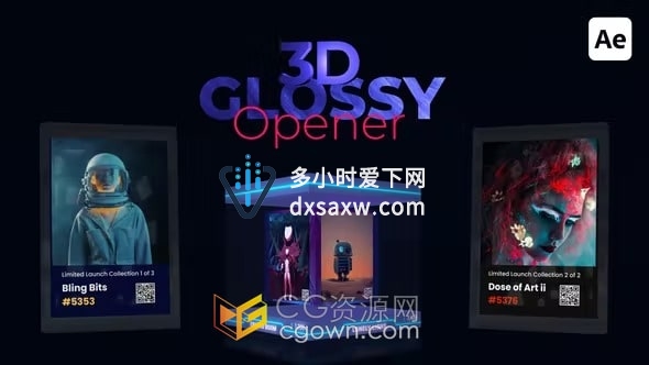 3D NFT Glossy Opener AE模板三维光泽框展示卡片动画