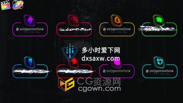 FCPX插件-霓虹灯发光社交媒体抖音3D图标故障视频字幕
