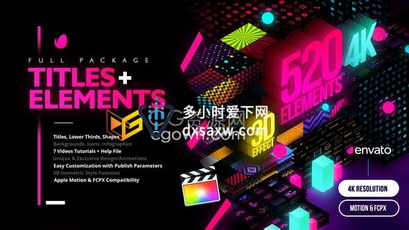FCPX插件-50种图形背景30款信息图表220个文字标题字幕条100个图标动画