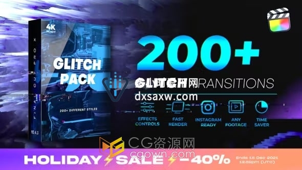 FCPX转场插件200种Glitch信号损坏故障噪点视频过渡转场支持4K分辨率