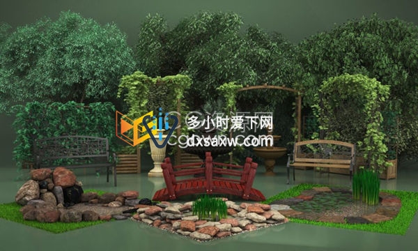 59个高精度喷泉雕塑休闲花园绿植椅子元素模型文件MAX/C4D/FBX/OBJ格式下载