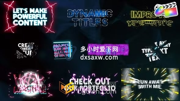 Dynamic Titles 10组电流闪电能量卡通动画视频字幕效果FCPX插件