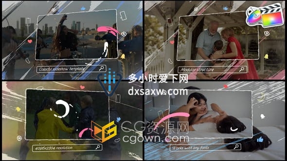 FCPX插件-制作涂鸦元风格素动画甜美幻灯片视频相册模板