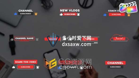 FCPX插件-10组社交媒体视频平台订阅按钮字幕条动画