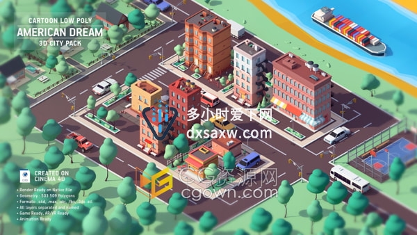 卡通低多边形城市建筑道路森林场景景观3D模型包含C4D/MAX/OBJ/3DS/FBX格式