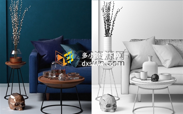3D模型MAX/FBX/OBJ格式室内客厅沙发枕头花瓶威士忌酒烟灰缸摆设