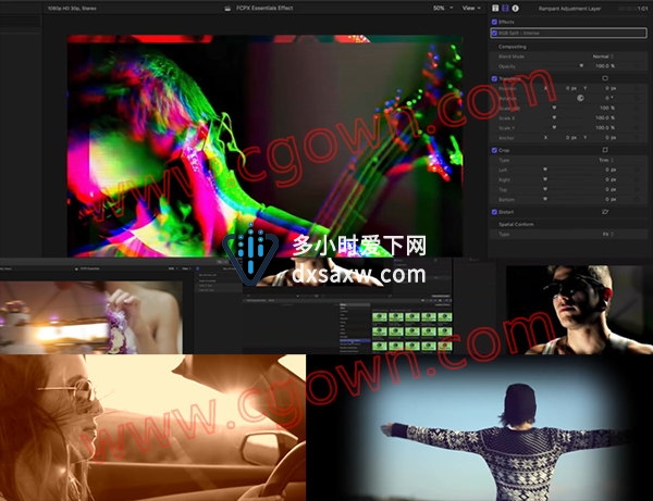 FCPX多种特效集合插件抖动变形色彩分离黑白场闪光转场视频暗角