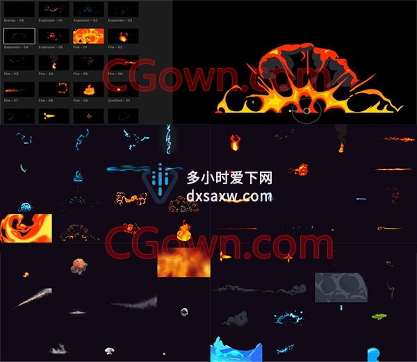 FCPX插件资源下载共59种卡通能量爆炸水流火焰烟雾元素MG动画效果