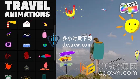 Travel Stickers FCPX插件31组旅行主题可爱动画卡通手绘MG图形