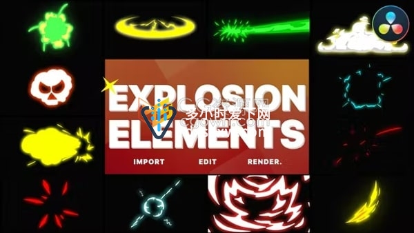 DR达芬奇模板-可编辑发光效果爆炸元素卡通LOGO音乐动作视频叠加