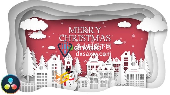 达芬奇模板-纯净漂亮冰雪小镇圣诞剪纸动画节日祝福贺卡