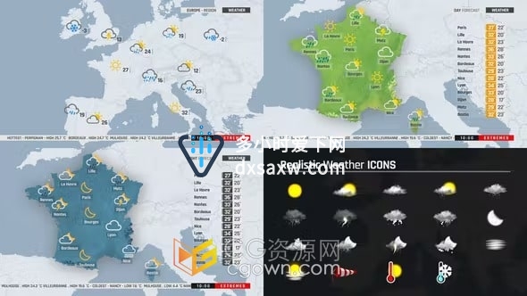 平面世界地图动画240个标记天气预报图标动画-AE模板