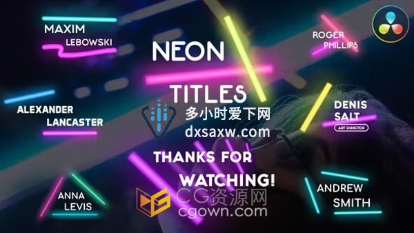 达芬奇模板-酷炫霓虹灯标题演职员表奖项信息电影游戏预告片视频文字动画