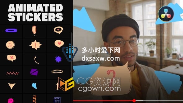 DR达芬奇模板-抽象卡通箭头涂鸦和泡泡贴纸动画抖音街头艺术活动短视频特效