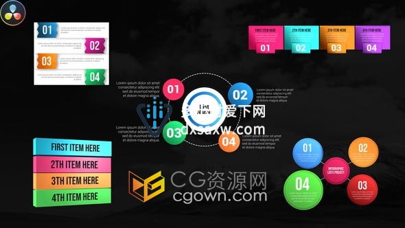 DaVinci Resolve模板-5组信息图表图形列表介绍分析动画