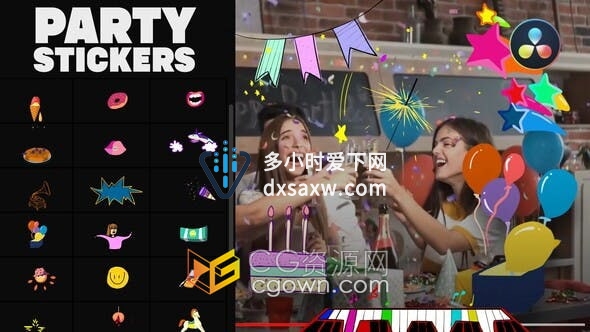 DR达芬奇模板-25组FX动画气球生日蛋糕装饰冰淇淋嘴唇音乐派对火花元素